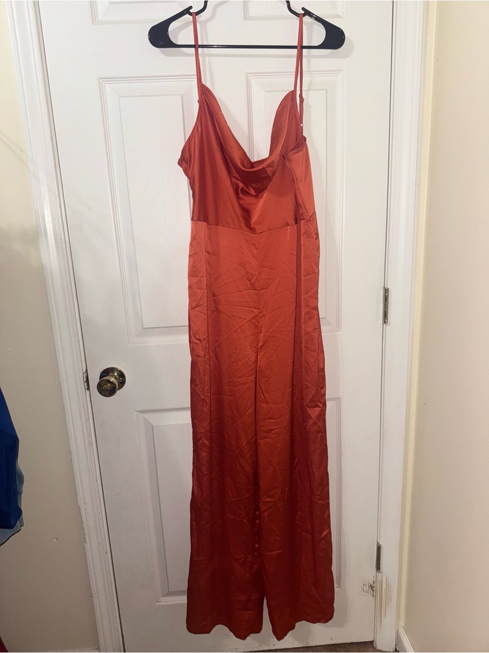 Burnt Orange/Rust Satin Slip Jumpsuit with Cowl Neck